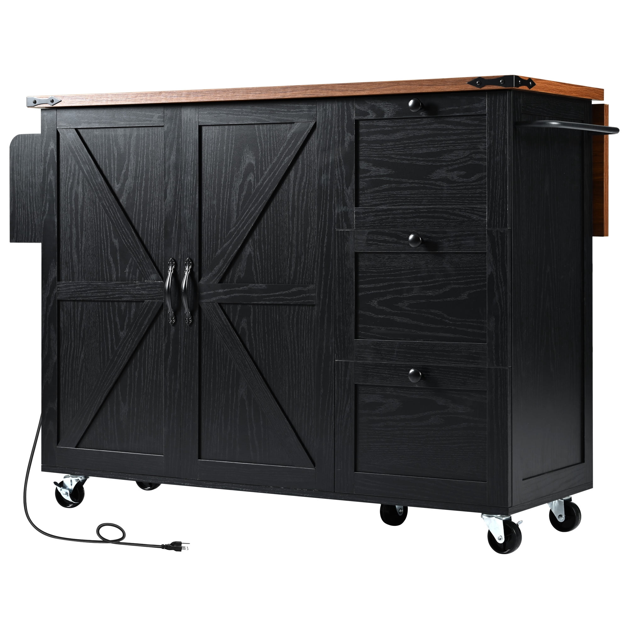 Homy Casa 54.5" Farmhouse Kitchen Island with Drop Leaf, Power Outlets, Barn Doors, 3 Drawers