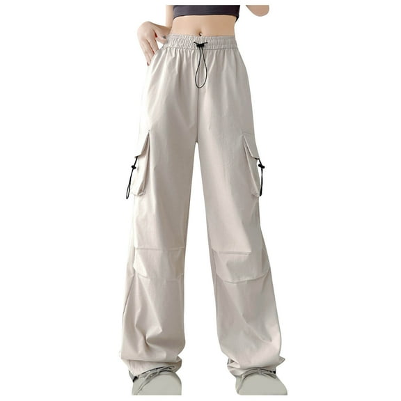 XuJwPNcy Women's Cargo Pants Elastic Waisted Wide Leg Pant Trendy Solid Lightweight Hiking Trousers with Flap Pocket