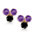 thumbnail image 2 of Gem Stone King 14K Yellow Gold Purple Amethyst and Black Diamond Three Stone Stud Earrings for Women (0.60 Cttw, Gemstone February Birthstone, Round 3MM), 2 of 4