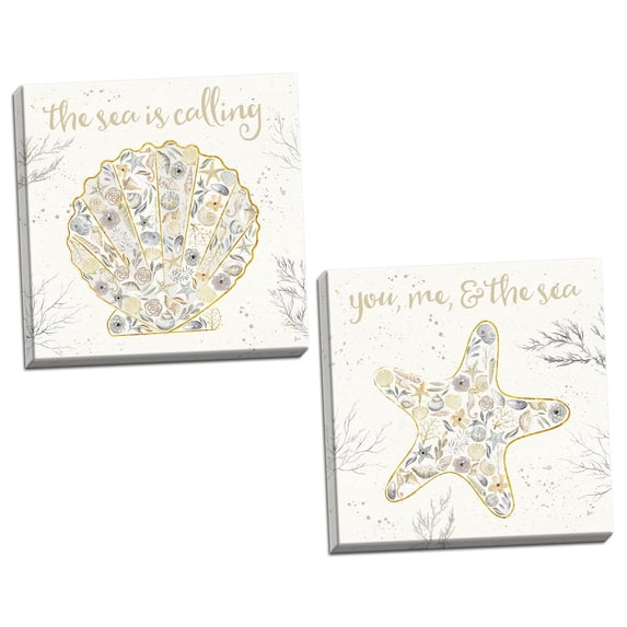Gango Home Decor Coastal Seaside Blossoms I & II Neutral by Jess Aiken (Ready to Hang); Two 12x12in Hand-Stretched Canvases