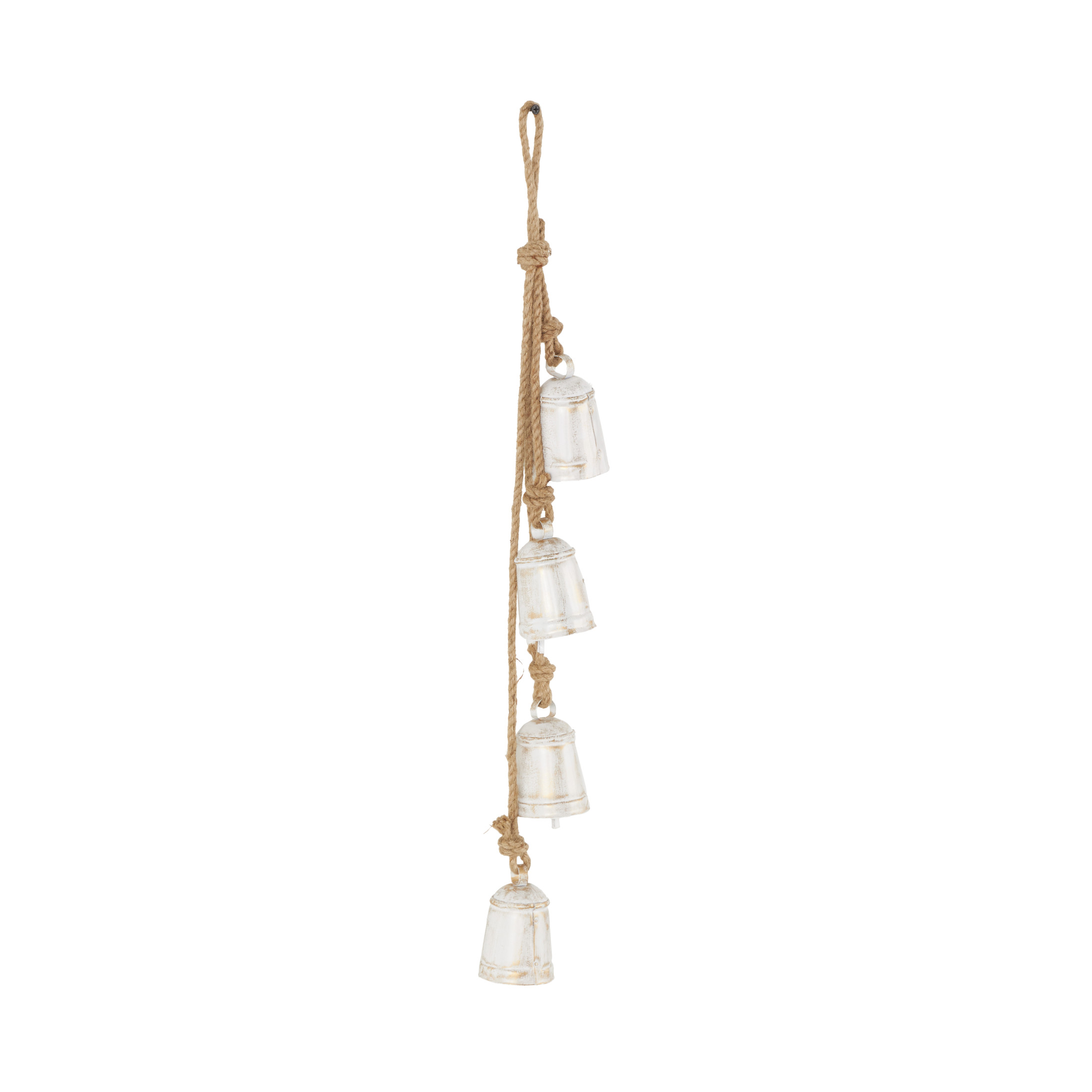 DecMode Tibetan Inspired Cascading White Metal Cylindrical Decorative Bells with 4 Bells on Jute Hanging Rope