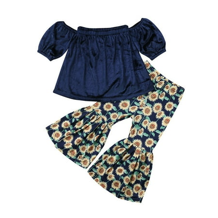 

EHTMSAK Toddler Baby Children Girl 2PCS Outfits T Shirts and Flare Pants Set Summer Clothing Set Short Sleeve Blue 130