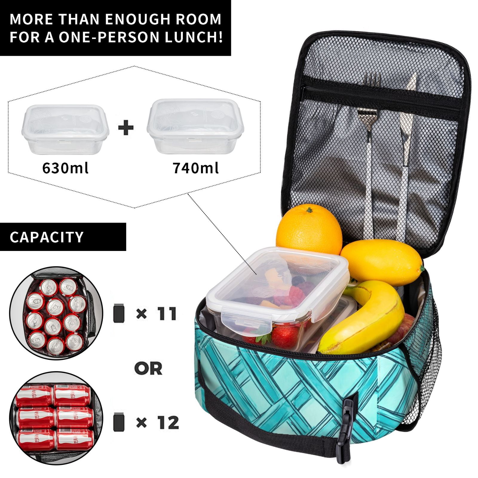 Lunch Bag For Women Men Insulated Portable Lunch Box Bento Box Office Picnic Travel Cooler Bag Turquoise Moroccan Trellis Hand-Drawn Sketch_62922_2