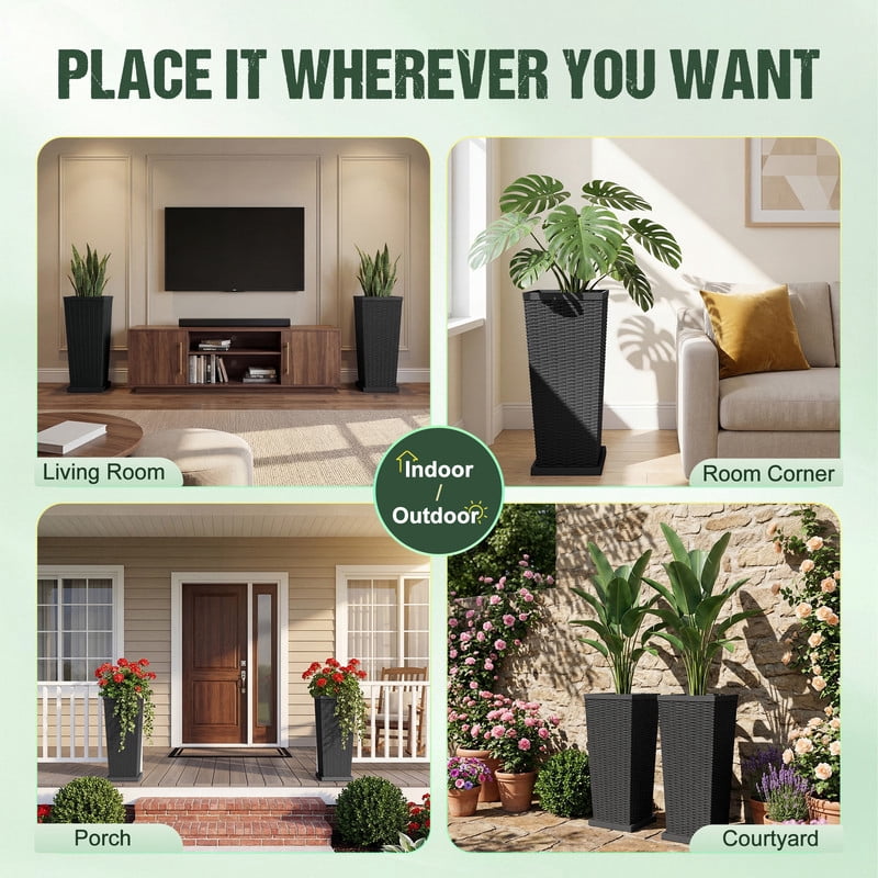 Homall 32" Tall Plastic Planter Set of 2 with Inside Pots, Drainages and Trays, for Outdoor and Indoor