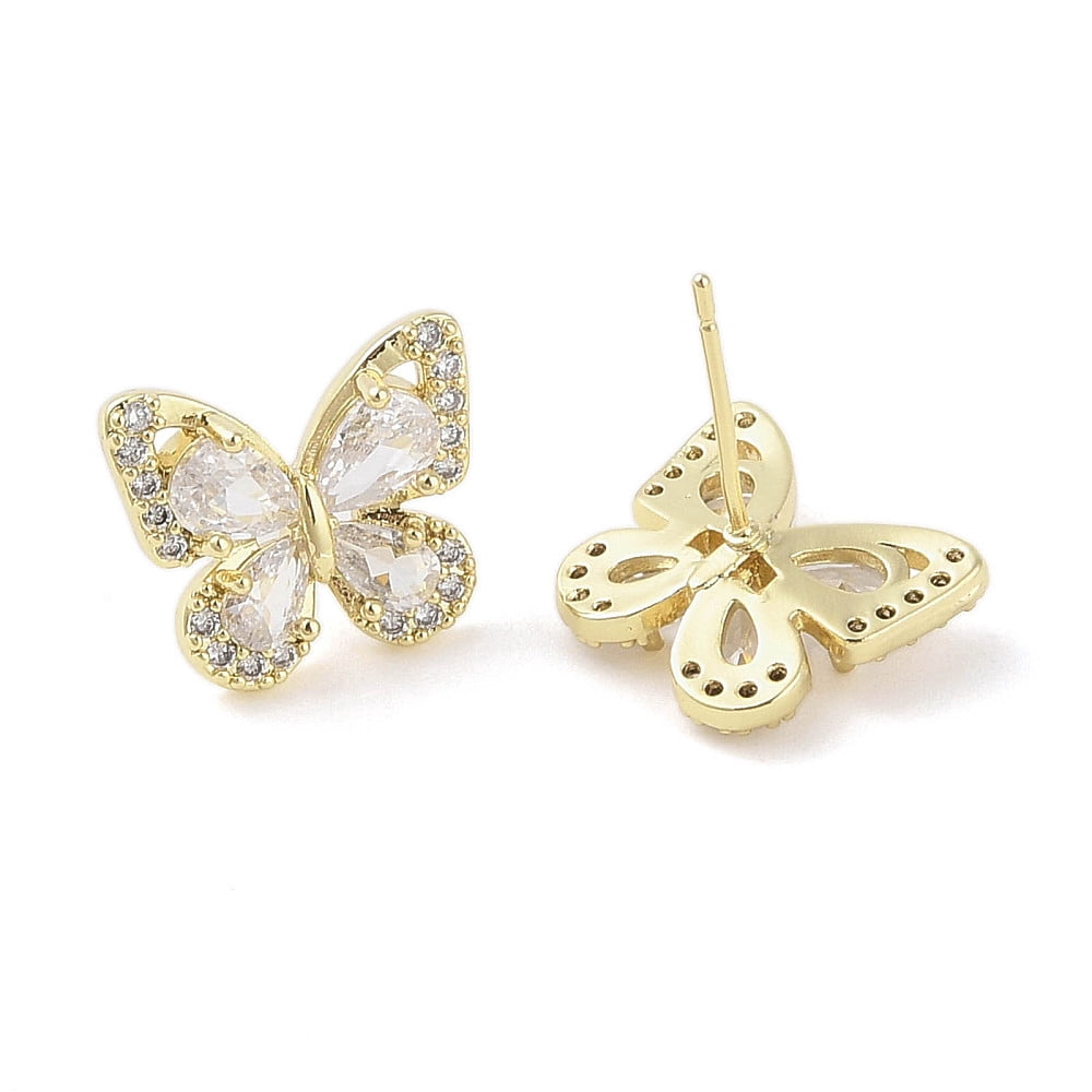 20 pc Butterfly Brass Micro Pave Clear Cubic Zirconia Stud Earrings with Glass for Women Real 18K golden Plated 13x15mm
