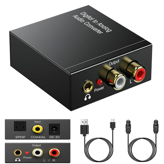 Digital to Analog Audio Converter, 192kHz DAC Digital Coaxial and Optical Toslink to Analog 3.5mm Jack Adapter and RCA (L/R) Stereo Audio Adapter with Optical Cable for HDTV Home Cinema Systems