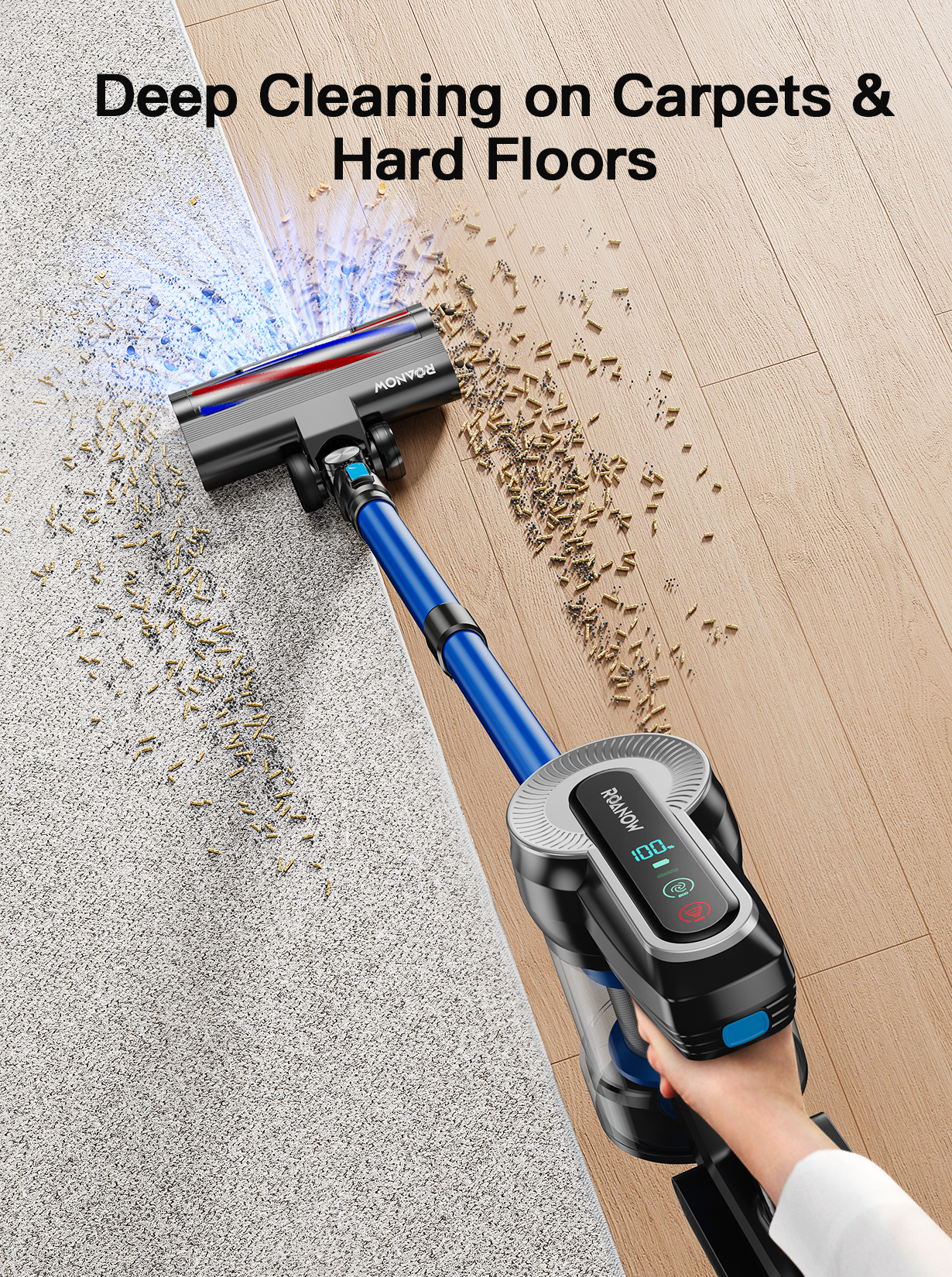 Roanow Cordless Vacuum Cleaner, 38KPA/55Mins with Display Stick Vacuum for Home Hardwood Floor Carpet Pet