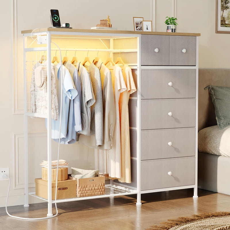 Kelno 6 Drawer Dresser with Hanging Rack LED Lights Charging Station Fabric Closet Organizer Storage Tower, Light Gray