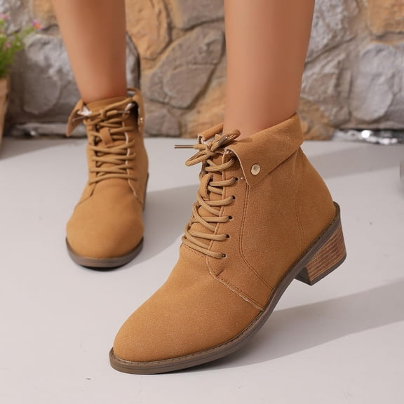Willtoo Women Ankle Combat Boots Suede Lace up Platform Chunky Block Heel Almond Toe Studded Solid Color Short Booties Fashion Casual Comfort Non Slip Waterproof Walking Riding Outdoor Shoes Brown