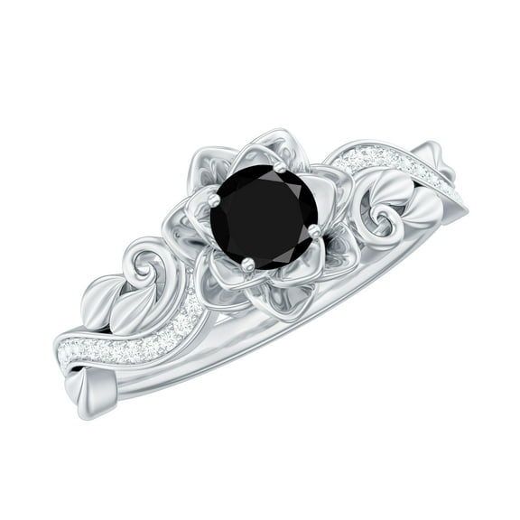 Rosec Jewels 1/2 CT Black Spinel Flower Engagement Ring with Diamond, Black Spinel Engagement Ring, 925 Sterling Silver, US 4.00