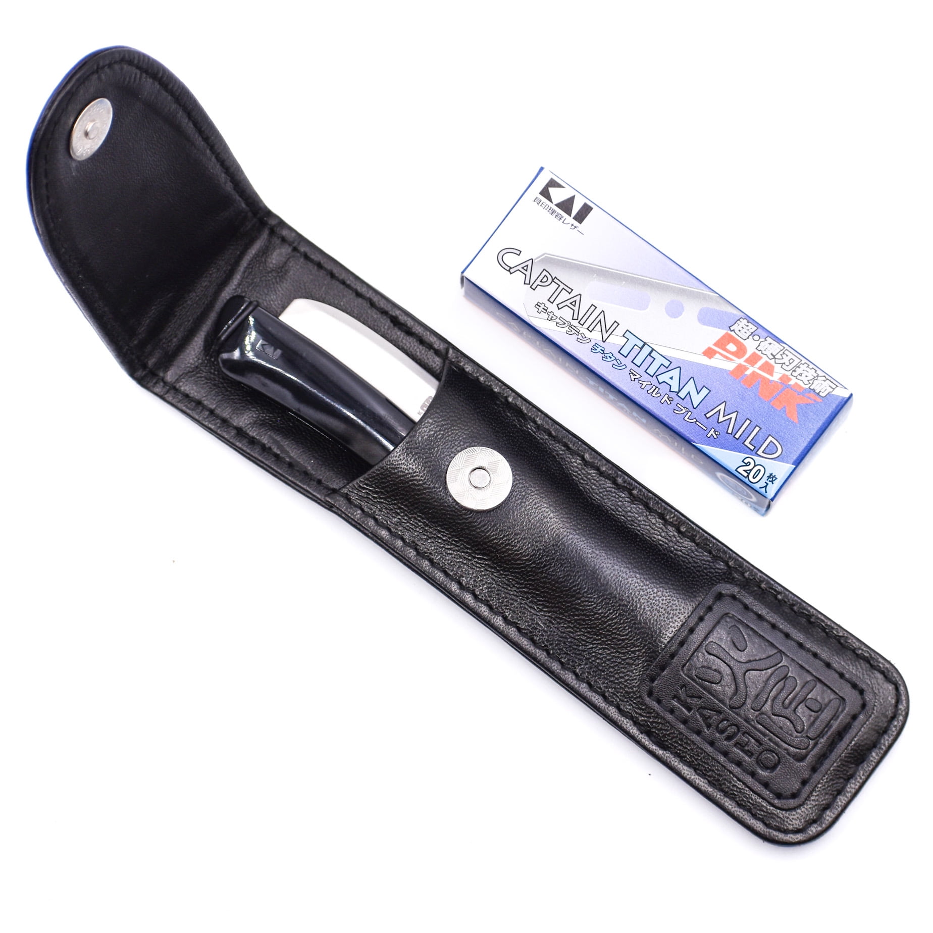 Kai Kasho Captain Japanese Professional Folding Straight Edge Barbering Razor with Leather Case - 20 Kai Captain Titan Blades Included
