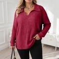thumbnail image 6 of zaveiop Women Plus Size Casual Knit Sweater Lapel V Neck Solid Color Tops Lightweight Long Sleeve Blouses (Wine, 3XL), 6 of 8