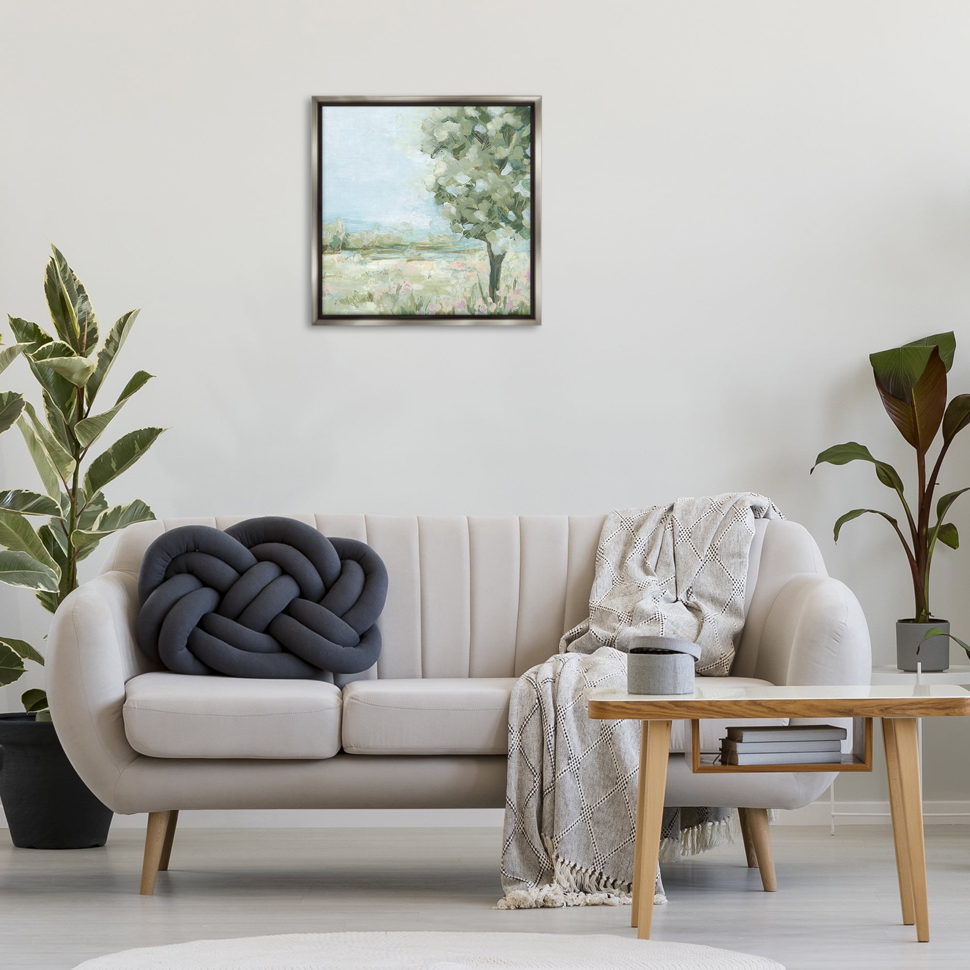 Stupell Industries Lone Tree by Field Landscape & Nature Painting Gray Floater Framed Canvas Art Print Wall Art, 25 x 25