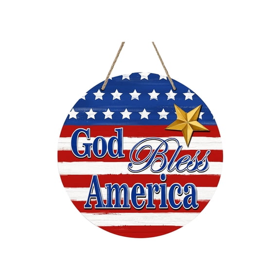Farmhouse Wall Decor Living Room, Fourth of July Decorations, Round God Bless America Hanging Sign, Front Porch Decorations Outdoor, Red White and Blue Patriotic Wall Hanging for