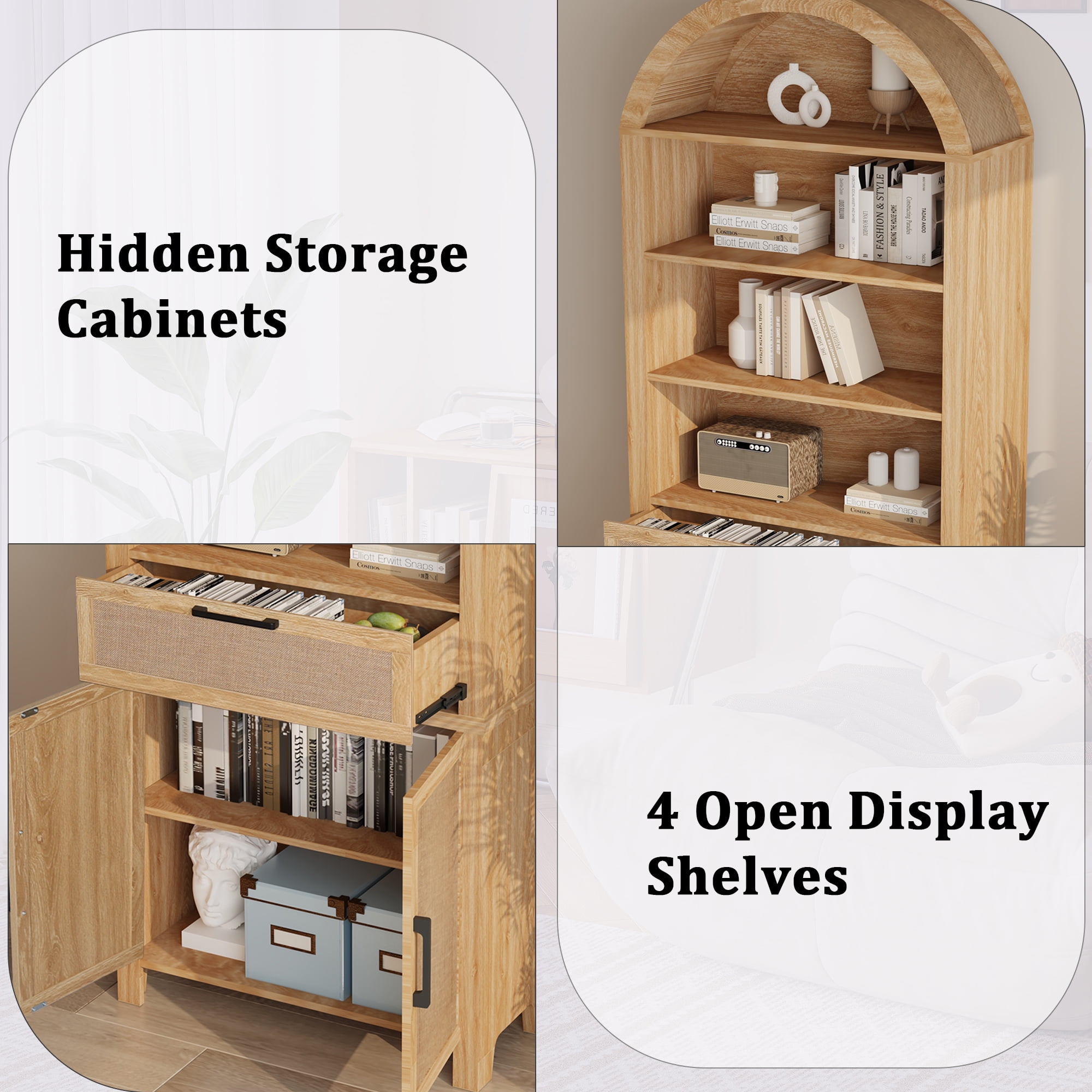 LEFHDA 78" Tall Bookshelf, Arched Bookcase with Drawers, Boho 6-Tier Bookshelf with Storage, Rattan Open Display Storage Shelf Bookshelf for Living Room Bedroom & Classroom(Oak)