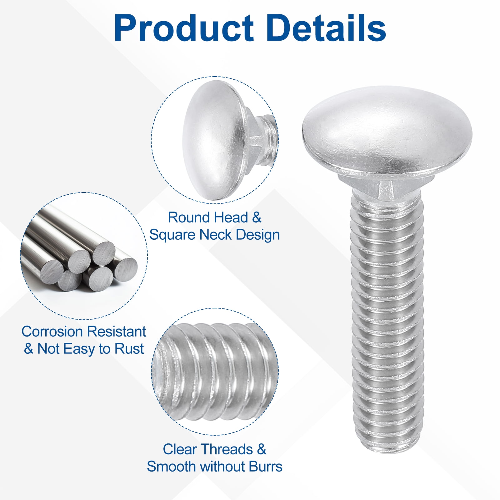 Uxcell 25Pack 5/16"-18x1-3/4" Stainless Steel Carriage Bolts Round Head Square Neck, Silver