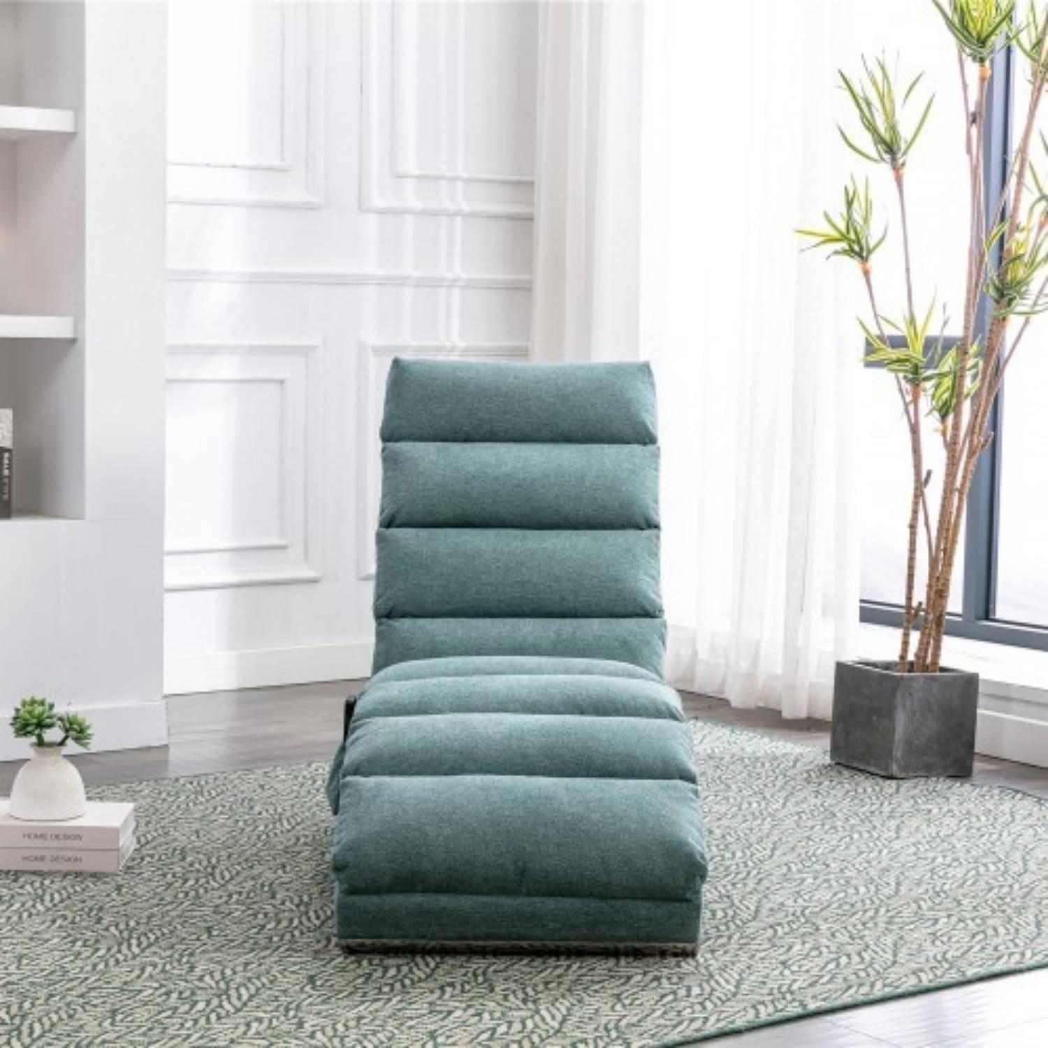 Upholstered Chaise Lounge Chair with Vibration, Modern Fabric Leisure Recliner with Ergonomic Fixed Back, Side Pocket & Lumbar Pillow, 300 lbs Capacity, Teal