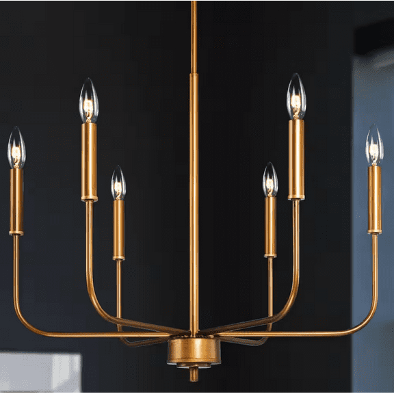 Open Box Modern Dark Gold Kitchen Linear Chandelier, 6-Light Farmhouse Antique Candlestick Ding Room Pendant Light Fixture