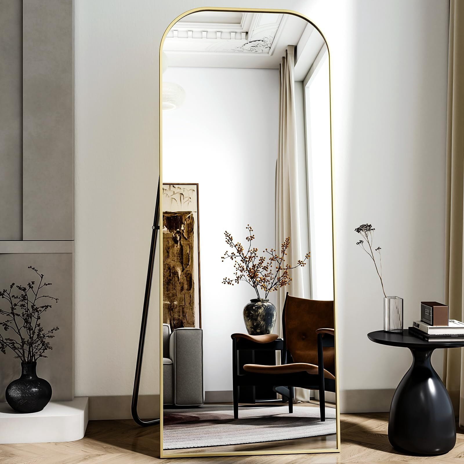 Lumora 64"x21" Rounded-top Full Length Mirror Free-standing Floor Mirror, Gold