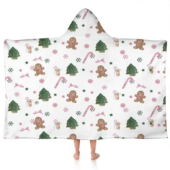 White Christmas Gingerbread Man Pattern Hooded Bath Towel,50"x30" for Ages 3 To 12 Kids, Quick Dry Lightweight Soft Microfiber Hood Beach Towel Cover Up for Kids