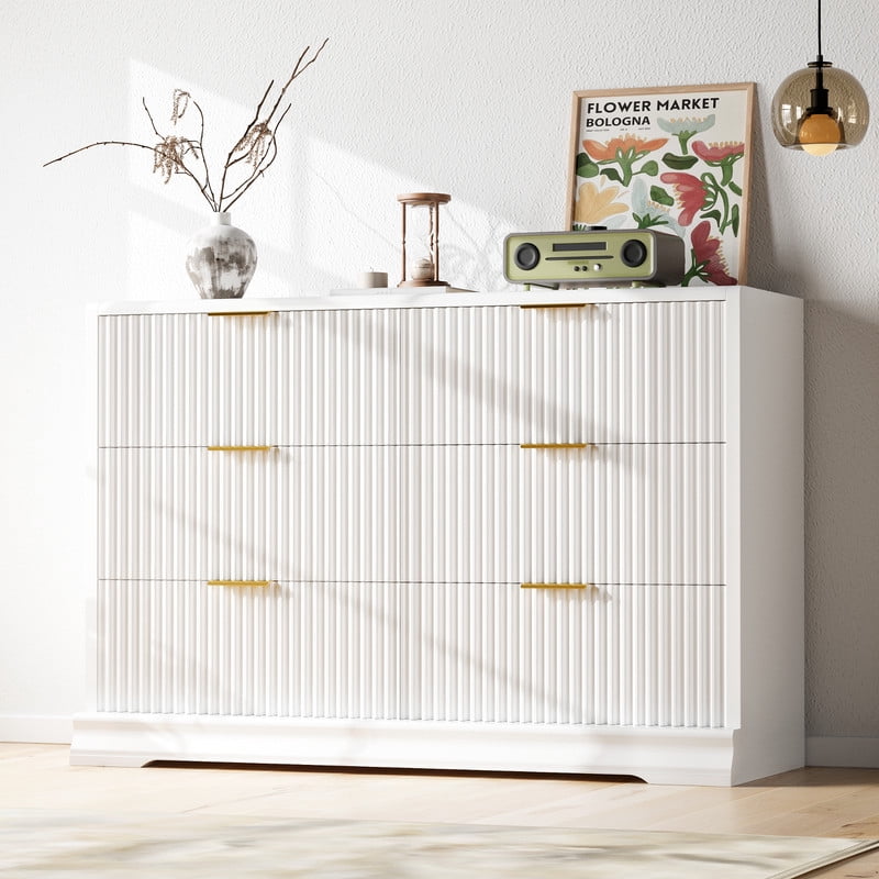 Lacoo 6 Drawer Fluted Dresser, Modern Ribbed Chest of Drawers with Gold Handles, Large Storage Dresser TV Stand for 50" TV