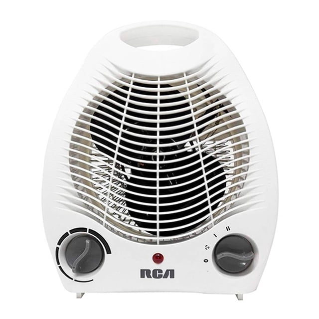 calefactor rca rc-a01 con ventilador 1500 w blanco, vista frontal centrada con carcasa ovalada y asa superior, parrilla protectora curva que deja ver la resistencia y la hélice negra, dos perillas frontales para potencia y selector de 3 velocidades y pequeño indicador luminoso rojo. También suele usarse para secar áreas pequeñas rápidamente.