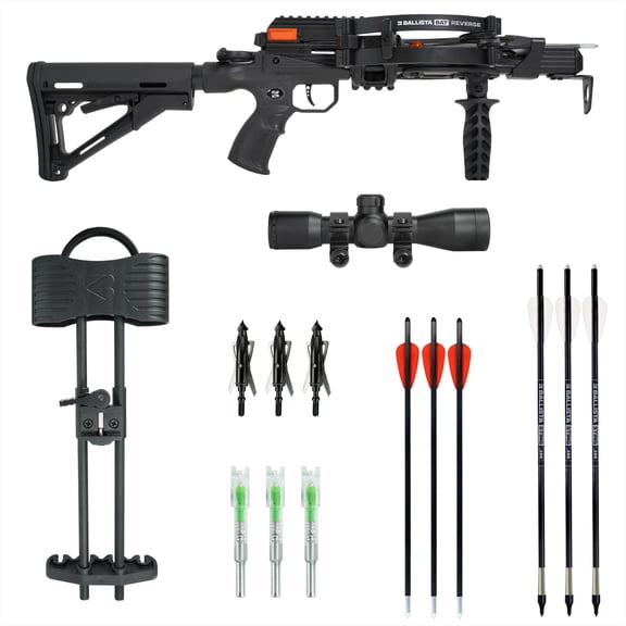 Ballista BAT Reverse T-Stock Hunting Crossbow Bundle - Quiver, 4x32 Scope, Sting 16" with SS inserts, Mechanical Broadheads and Lighting Nocks
