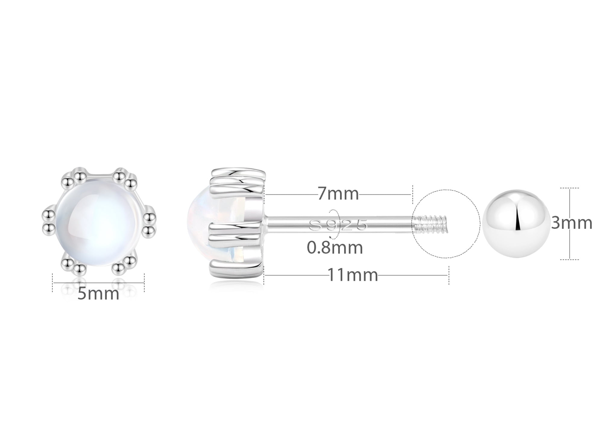 RYSKYJEWELRY Screw Back Stud Moonstone Earrings in Sterling Silver, Adult