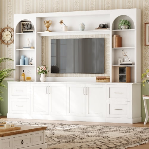 Modern Arched Farmhouse TV Stand for TVs up to 65 Inches, Entertainment Center with Drawers, Cable Holes and Adjustable Shelves, White