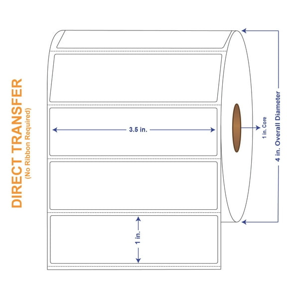 3-1/2" x 1" White Direct Print Thermal Labels, 1310 per roll (4 Rolls per Carton)