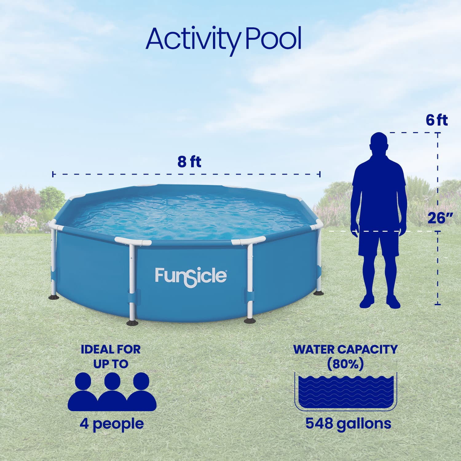 Funsicle Activity Above Ground Metal Frame Swimming Pool – 8' x 26", Backyard Games For Kids & Adults, Round, Blue