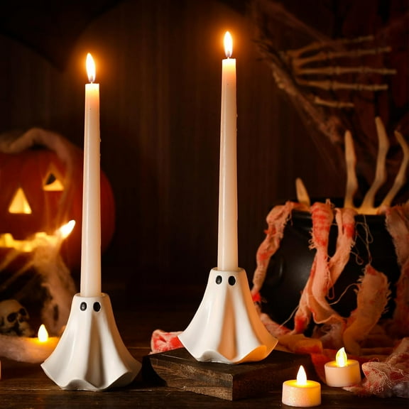 SUMMIT 2 Pcs Halloween Ghost Candlestick Holders Cute Ghost Shape Candle Stick Holders Ceramic Taper Candle Holder for Halloween Wedding Party Holiday Office Home Decor Gift