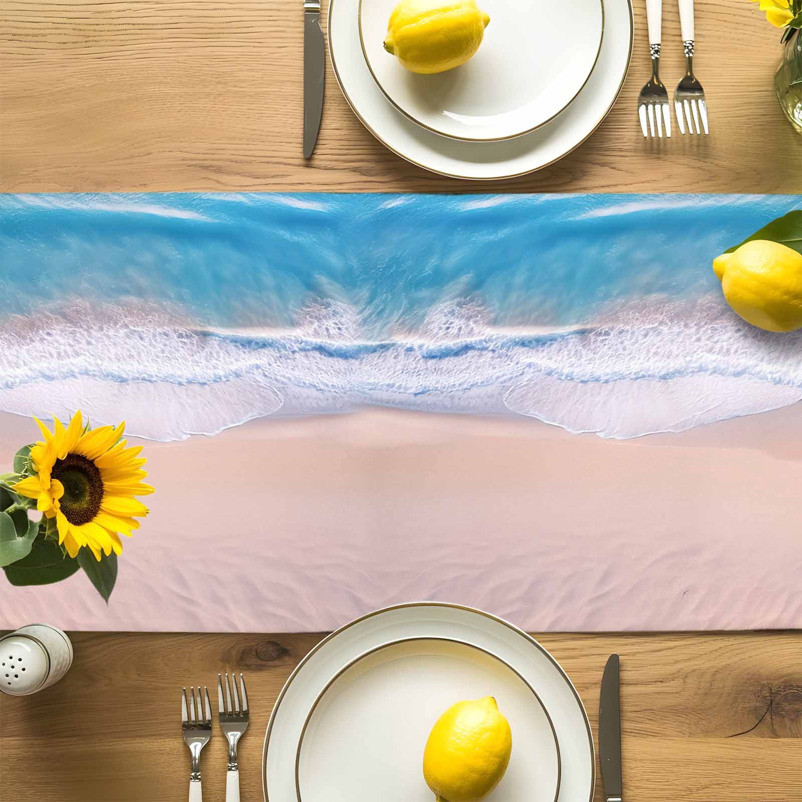 Abstract Ocean Coastal Beach Table Runner 90 Inches Long, Summer Blue White Sea Wave Painting Table Runners Tabletop Scarf Kitchen Dining Tables Decoration for Home Party Indoor Outdoor