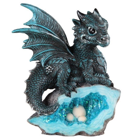 Blue Medieval Baby Dragon with Crystal Egg Nest Decorative Figurine