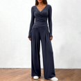 thumbnail image 2 of NMMUED Comfy Lounge Sets for Women Long Sleeve Surplice Tunic Pleated Wide Leg Pants 2 Piece Outfits Casual Vacation Suit Dark Blue S, 2 of 8