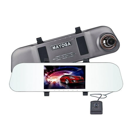 car dash cam, mayoga dual lens car dashboard vehicle camera camcorder on-dash video recorder front and rear dvr, full hd 1080p rearview mirror recorder with 170 wide angle lens, 5.0 ips
