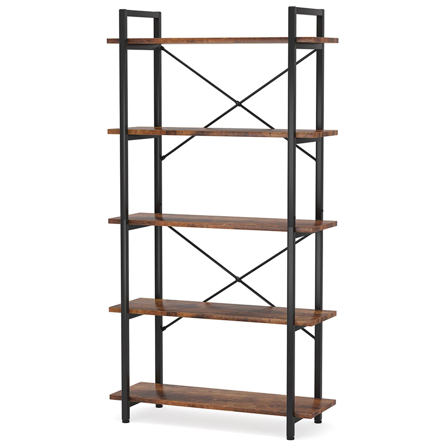 Demi Bonn 5 Tier Bookshelf, Wood and Metal Bookcase Storage Organizer,dustrial Display Standing Shelf Unit for Bedroom, Living Room, Brown
