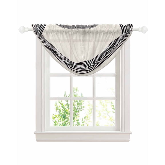 Beige Geometric Waterfall Valances for Windows, Black Greek Key Design Burlap Modern Art Kitchen Sheer Valance Curtains, Rod Pocket Elegant Swag Valances for Living Room Bedroom, 47.2"x38.5", 1 Panel
