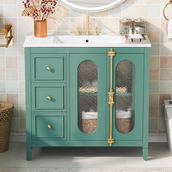 TIMOREN 36" Bathroom Vanity with Sink, Modern Storage Cabinet with 2 Soft Close Doors and 3 Drawers, Wall Mounted Bathroom Cabinet with Translucent Glass and Gold Handles, Green