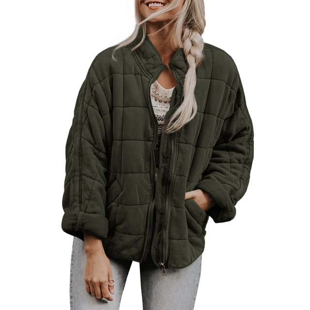 ITFABS Women Stand Collar Long Sleeve Solid Color Full Zip Quilted Jackets