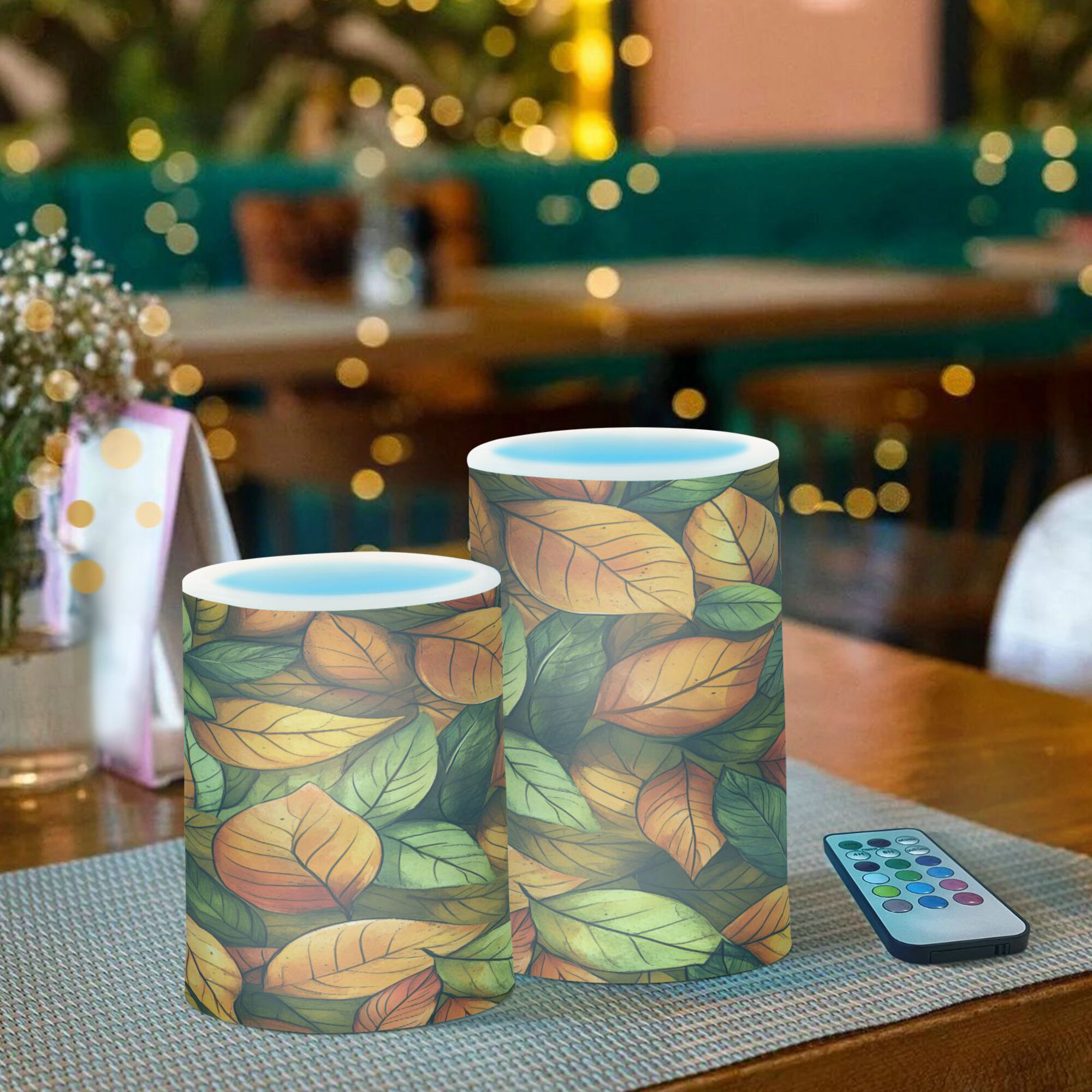 Yayeee Flameless Candles with Remote Flickering Battery Operated Multi Color Changing, Green Retro Leaves