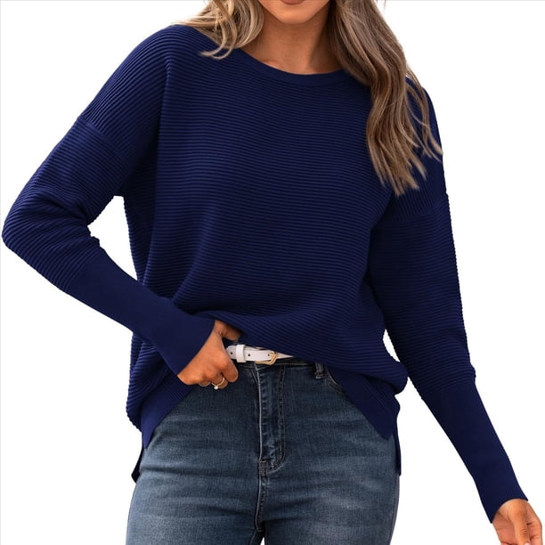 Suéter de Otoño 2025 para Mujer, Jersey de Punto Acanalado de Larga, Holgado, Cuello Redondo, Murciélago, Suéter Dividido. Azul Marino M