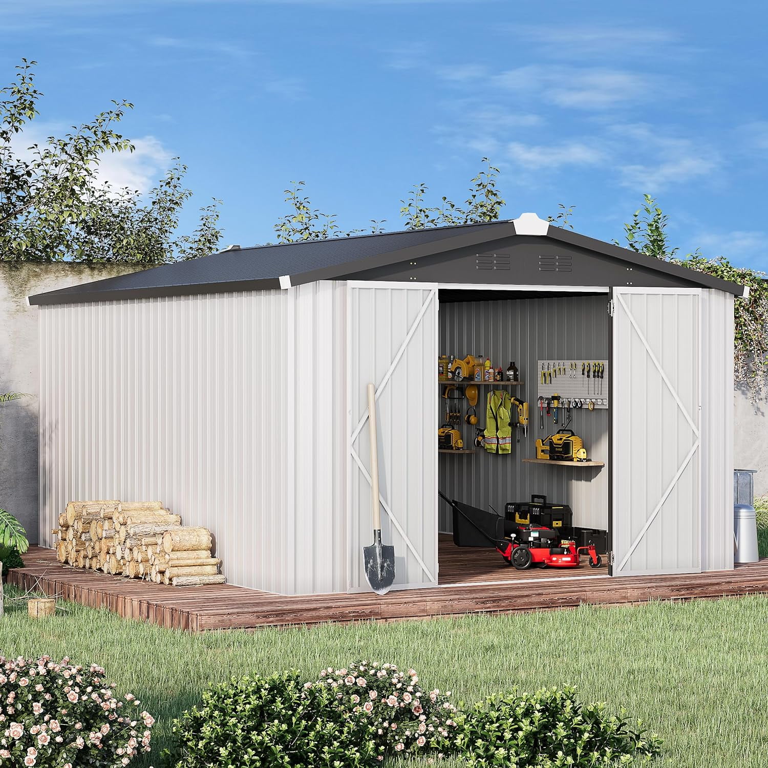 YODOLLA 10' x 14' Outdoor Storage Shed with Lockable Door Patio Metal Garden Storage Building in White for Outside