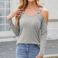 thumbnail image 2 of Fashion Cold Shoulder Knitwear Tops for Women V Neck Loose Fit Long Sleeve Ribbed Textured Slouchy Sweaters Tees, 2 of 8