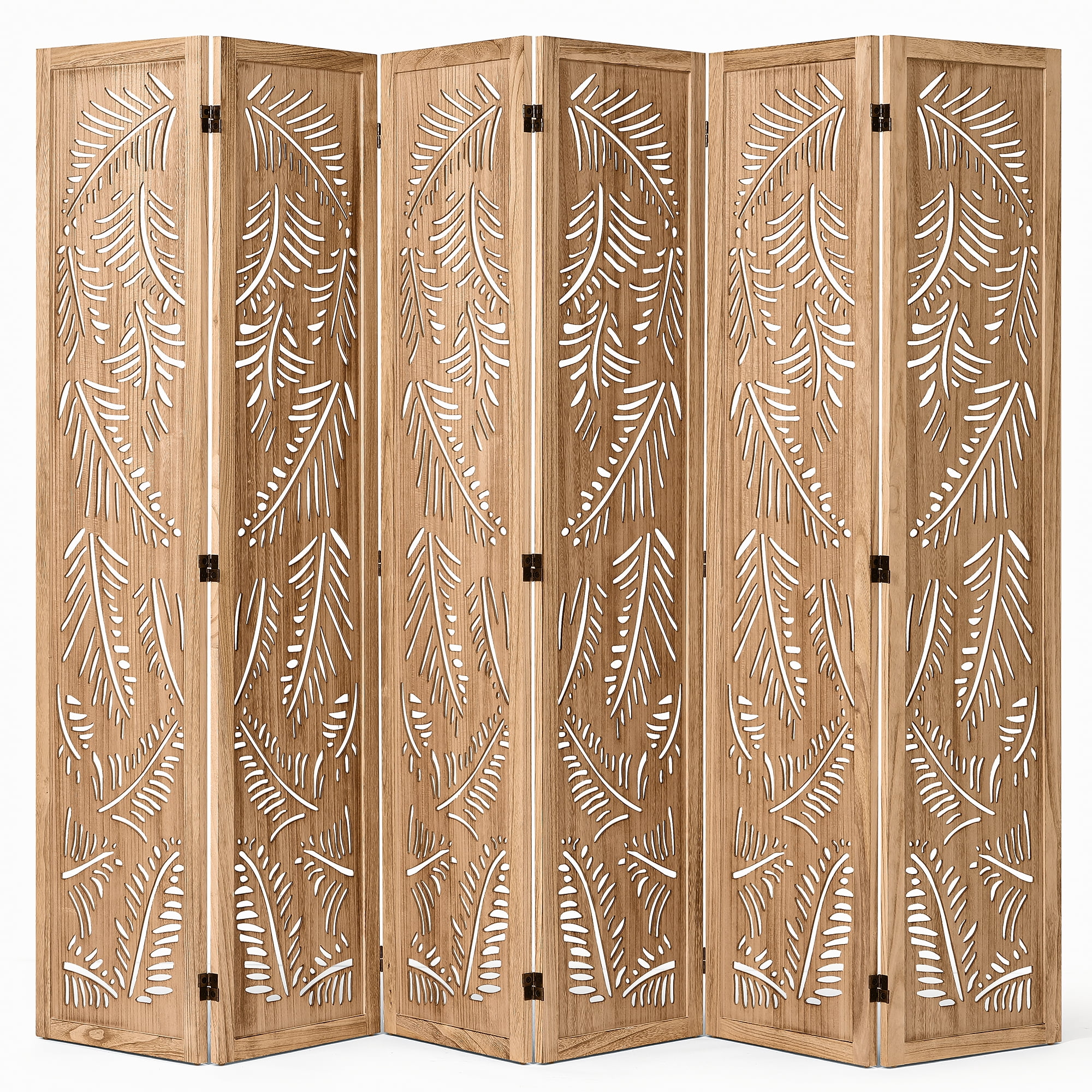 Jostyle 6 Panel Solid Wood Room Divider Privacy Screen - Freestanding Folding Partition with Feather Openwork Design, Paulownia Wood Frame Natural, No Assembly for Living Room, Bedroom, Office