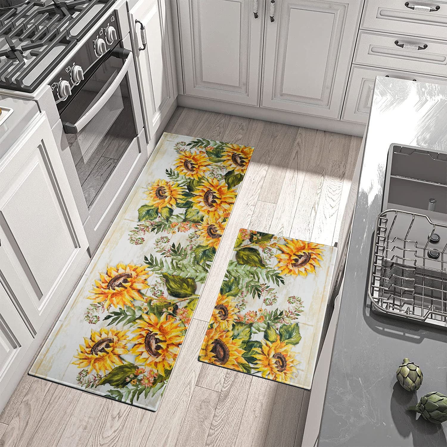 Sunflower Farmhouse Kitchen Rugs Set 2 Piece Colorful Fall Flowers Decorative Rug for Kitchen Low-Profile Floor Mats Decorations for Home Kitchen (17"x48"+17"x24")