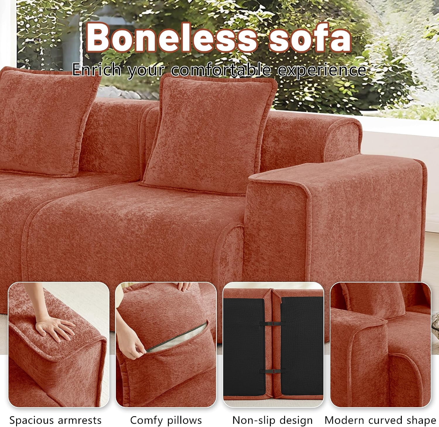 109" 3-Seat Modular U-Shaped Sectional Sofa, Red Velvet with Throw Pillows, No Assembly Required