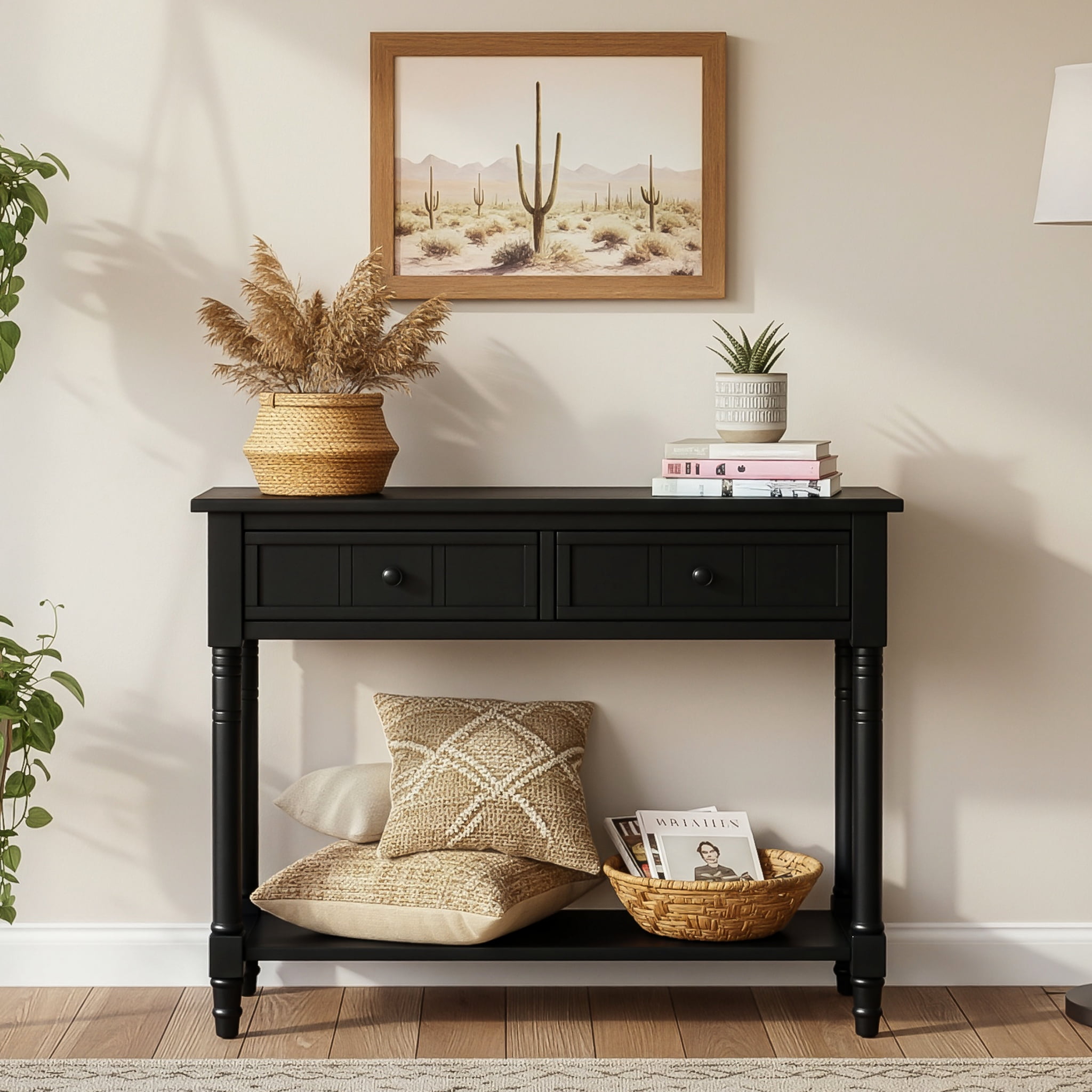 Console Table Traditional Design with Two Drawers and Bottom Shelf (Black)