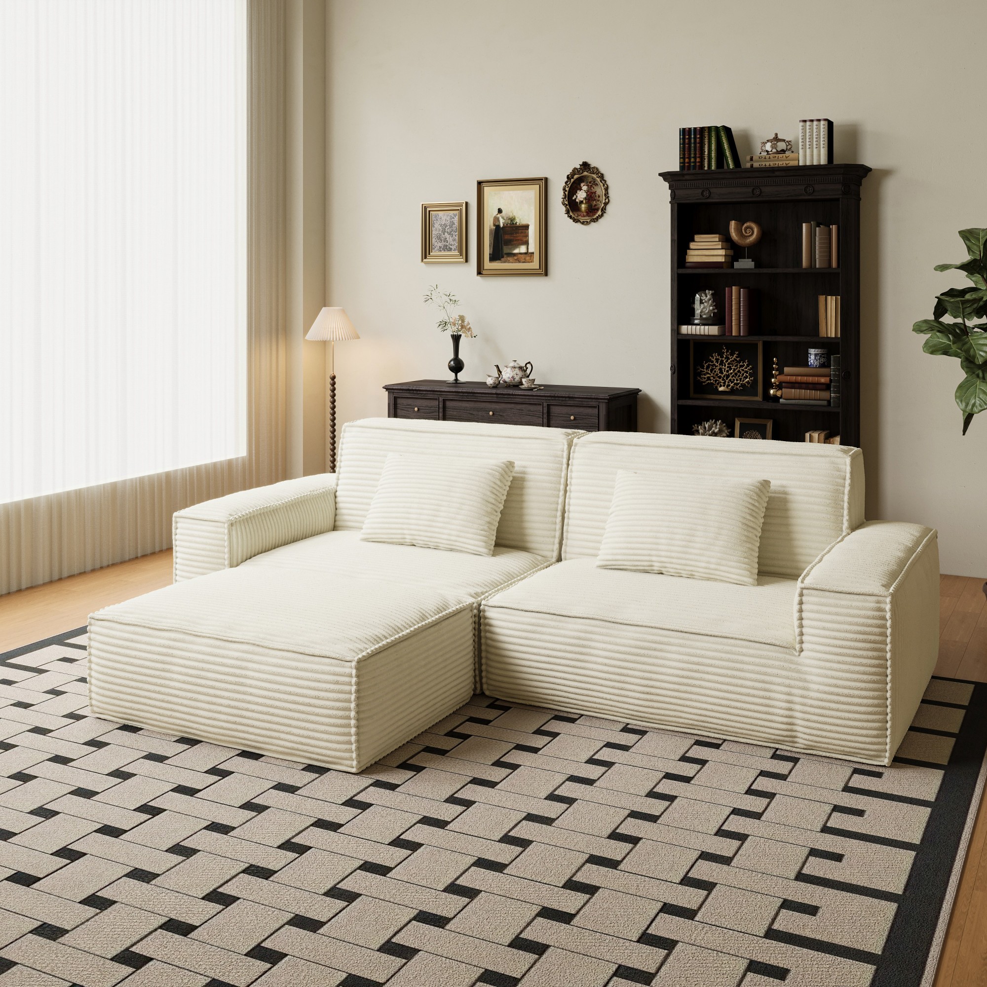 Gewnee Beige 106.3 Inch Compression Sofa - Full Sponge High Rebound,Straight Row with Foot Pedal,for Living Room & Bedroom.Beige