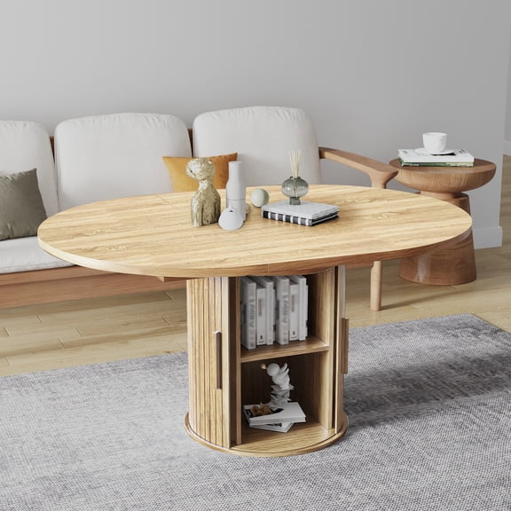 Pusnapku Extendable Circle Dining Table for 4-8, Modern 43"-59" Oval Kitchen Table with Storage, Fluted Sliding Door, Round Pedestal, for Living Room
